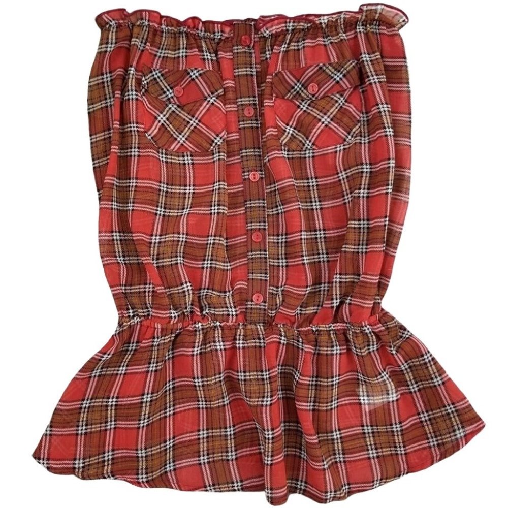 Papaya Plaid Strapless Peplum Top